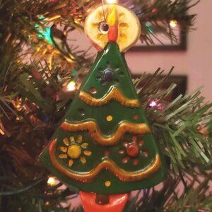 Vintage Handmade Ceramic Christmas Tree Ornament Green Artist Signed Barb Tolan